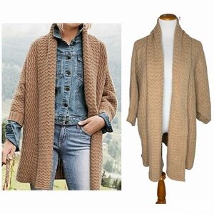 Garnet Hill Button Detail Oversized Cashmere Coatigan Size Large NWOT Tan